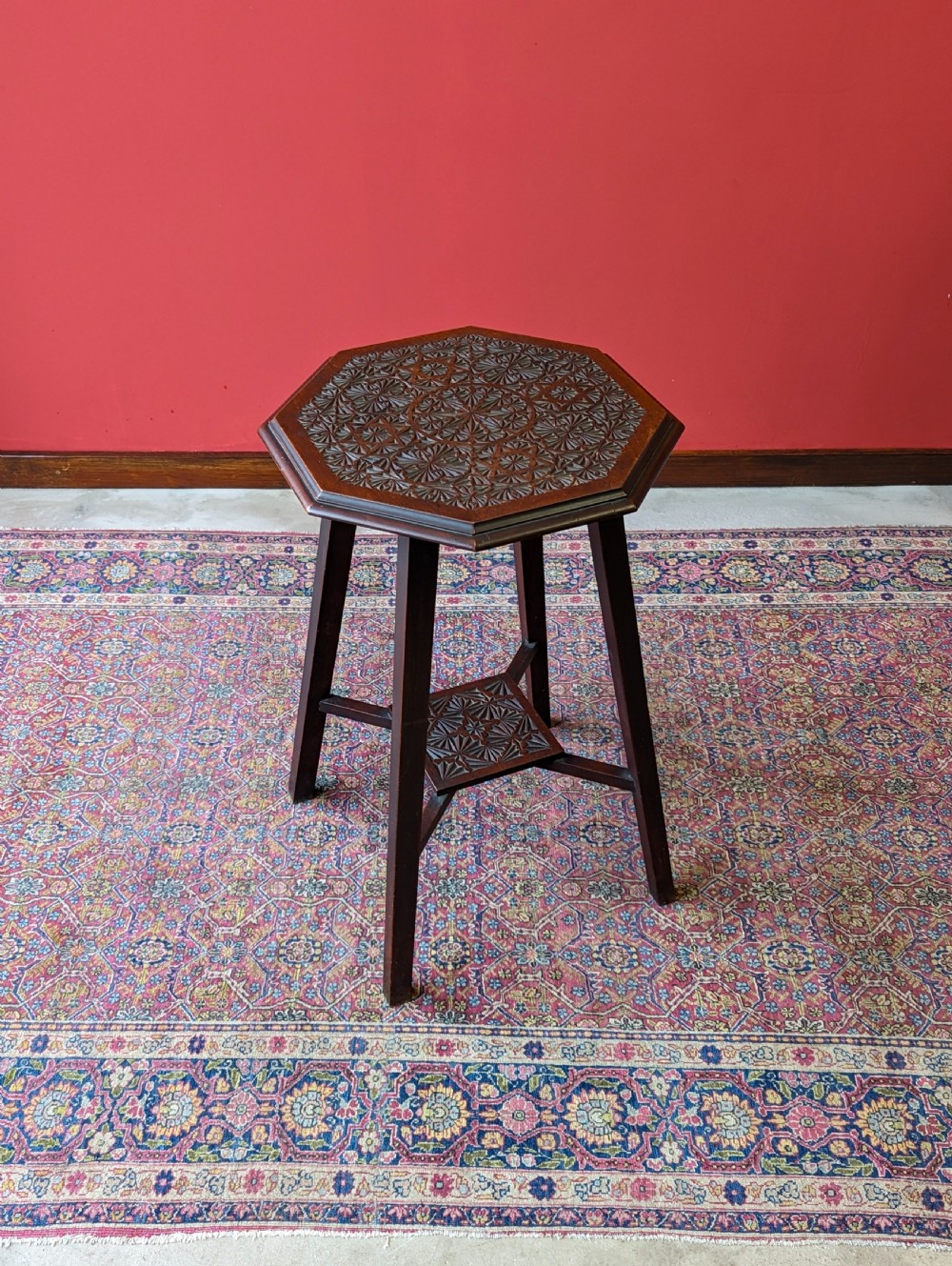 Antique Edwardian Chip Carved Mahogany Octagonal Occasional Table View III