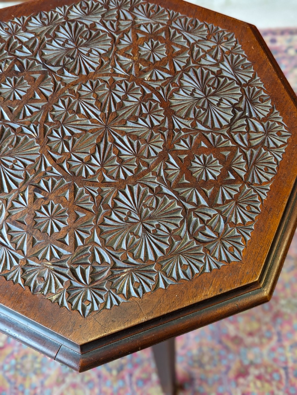 Antique Edwardian Chip Carved Mahogany Octagonal Occasional Table View VI