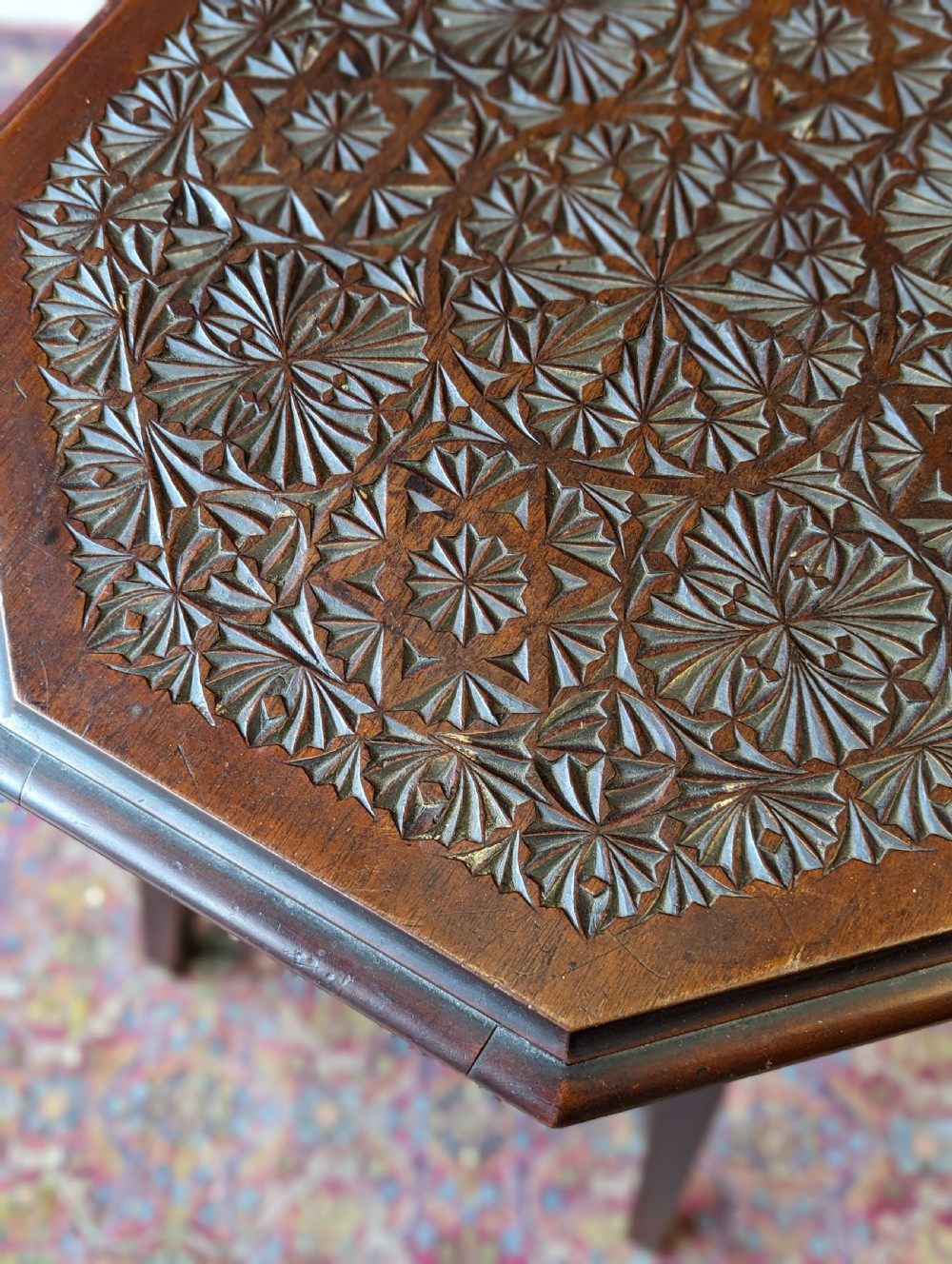 Antique Edwardian Chip Carved Mahogany Octagonal Occasional Table View VIII