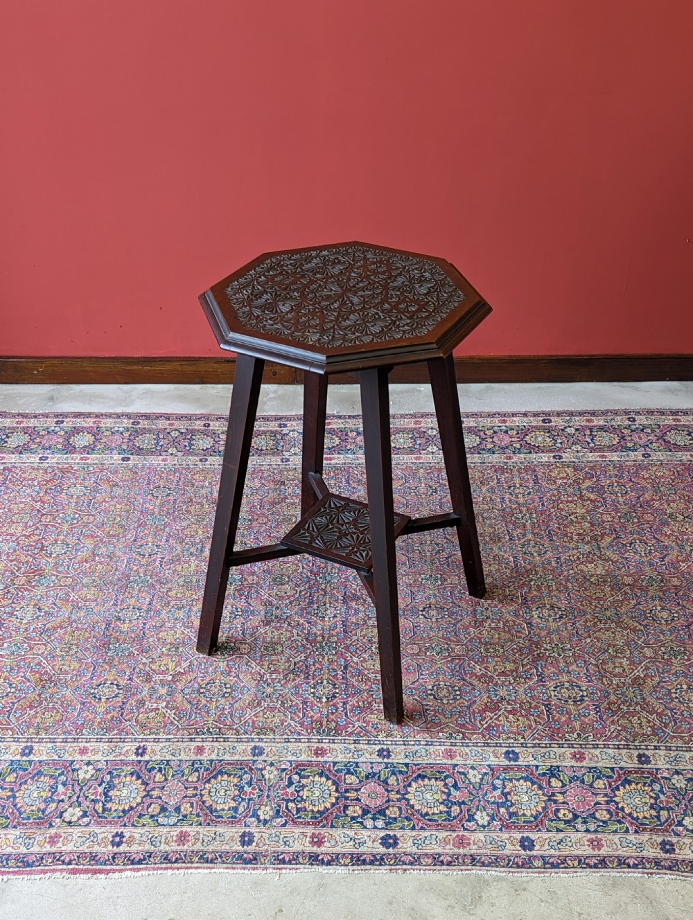Antique Edwardian Chip Carved Mahogany Octagonal Occasional Table View IX