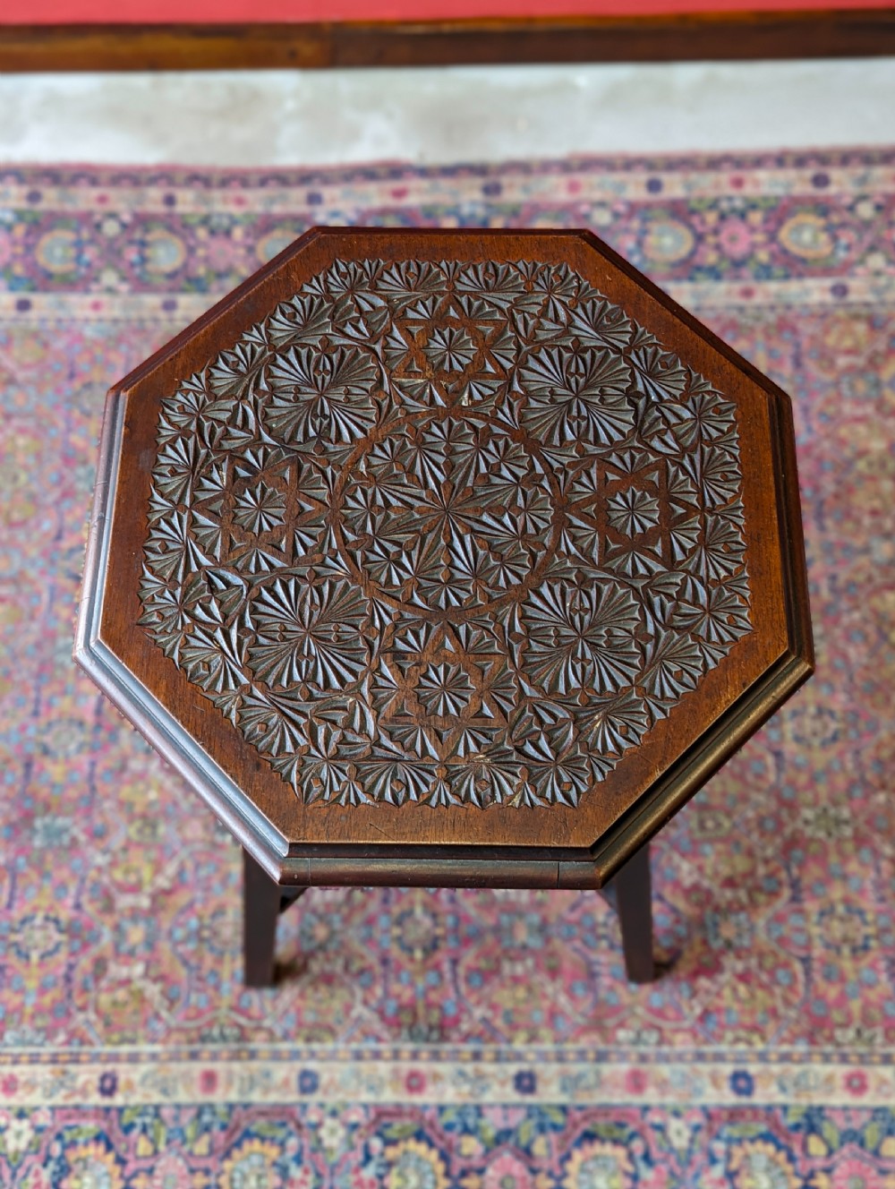 Antique Edwardian Chip Carved Mahogany Octagonal Occasional Table View X