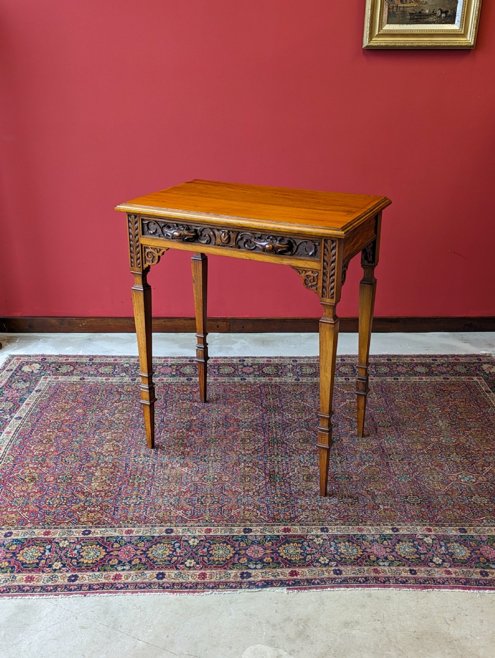 Antique Victorian Carved Walnut Side Table with Drawer