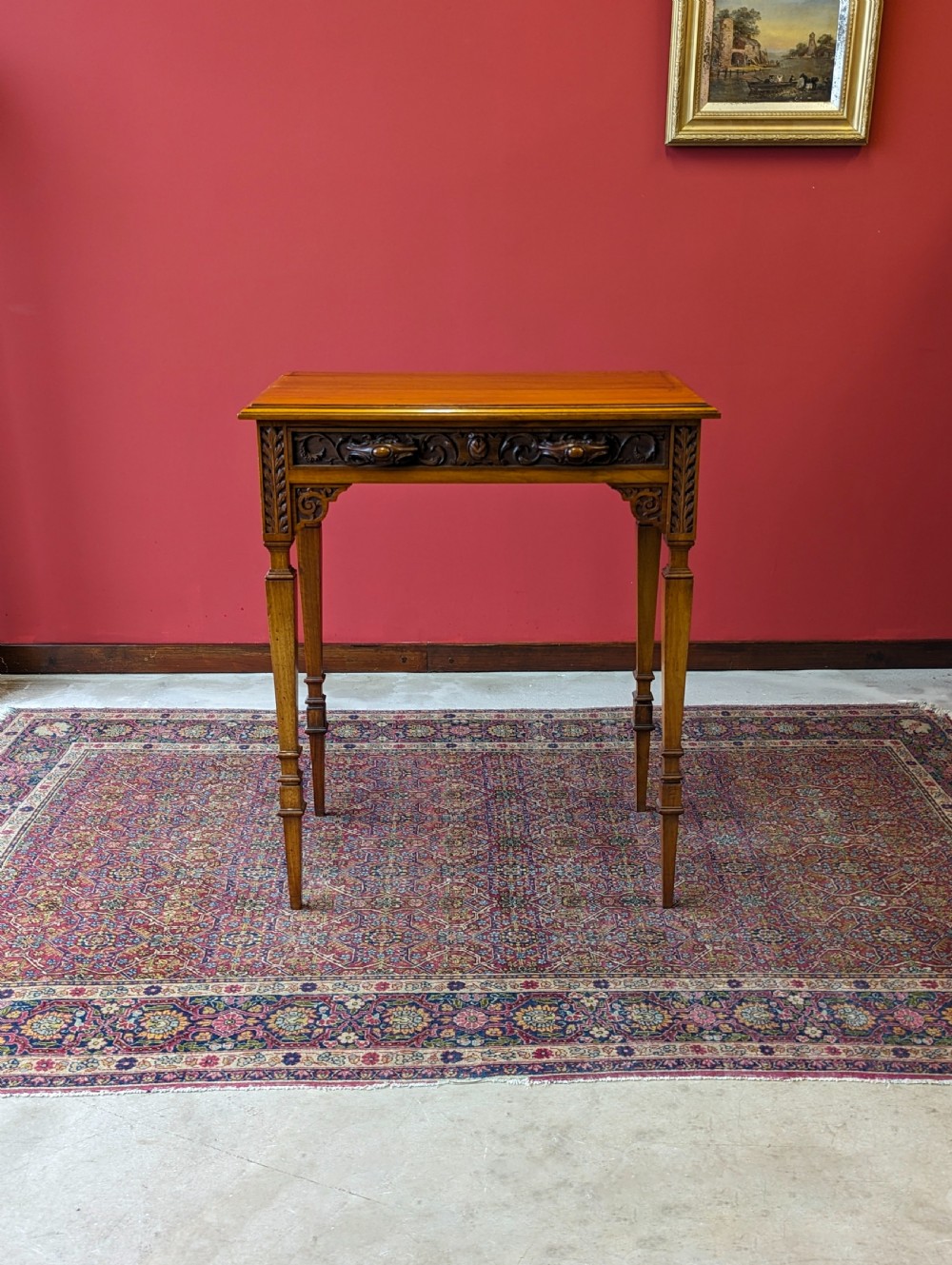 Antique Victorian Carved Walnut Side Table with Drawer View II