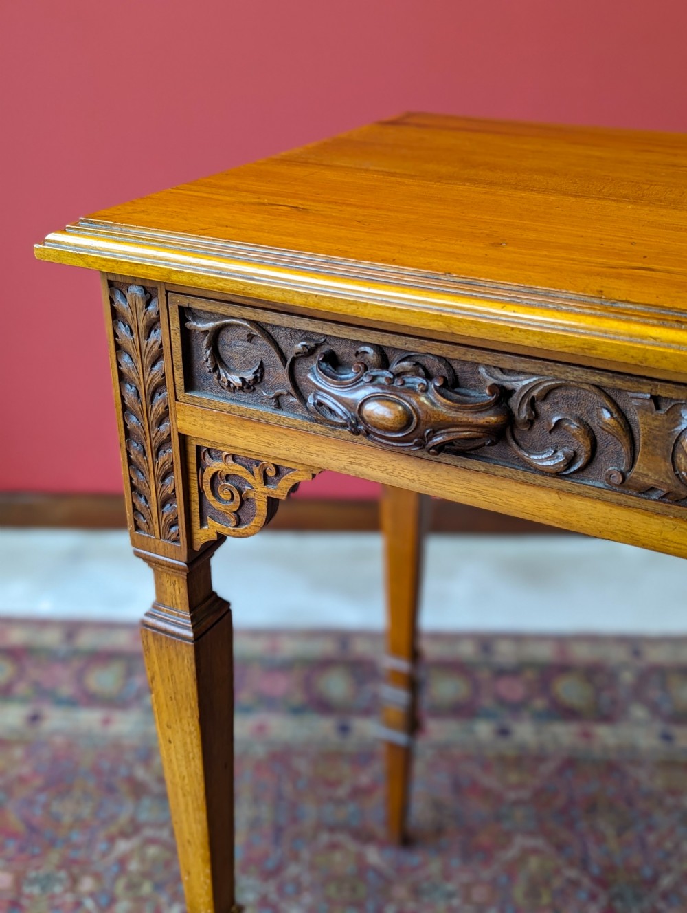 Antique Victorian Carved Walnut Side Table with Drawer View V