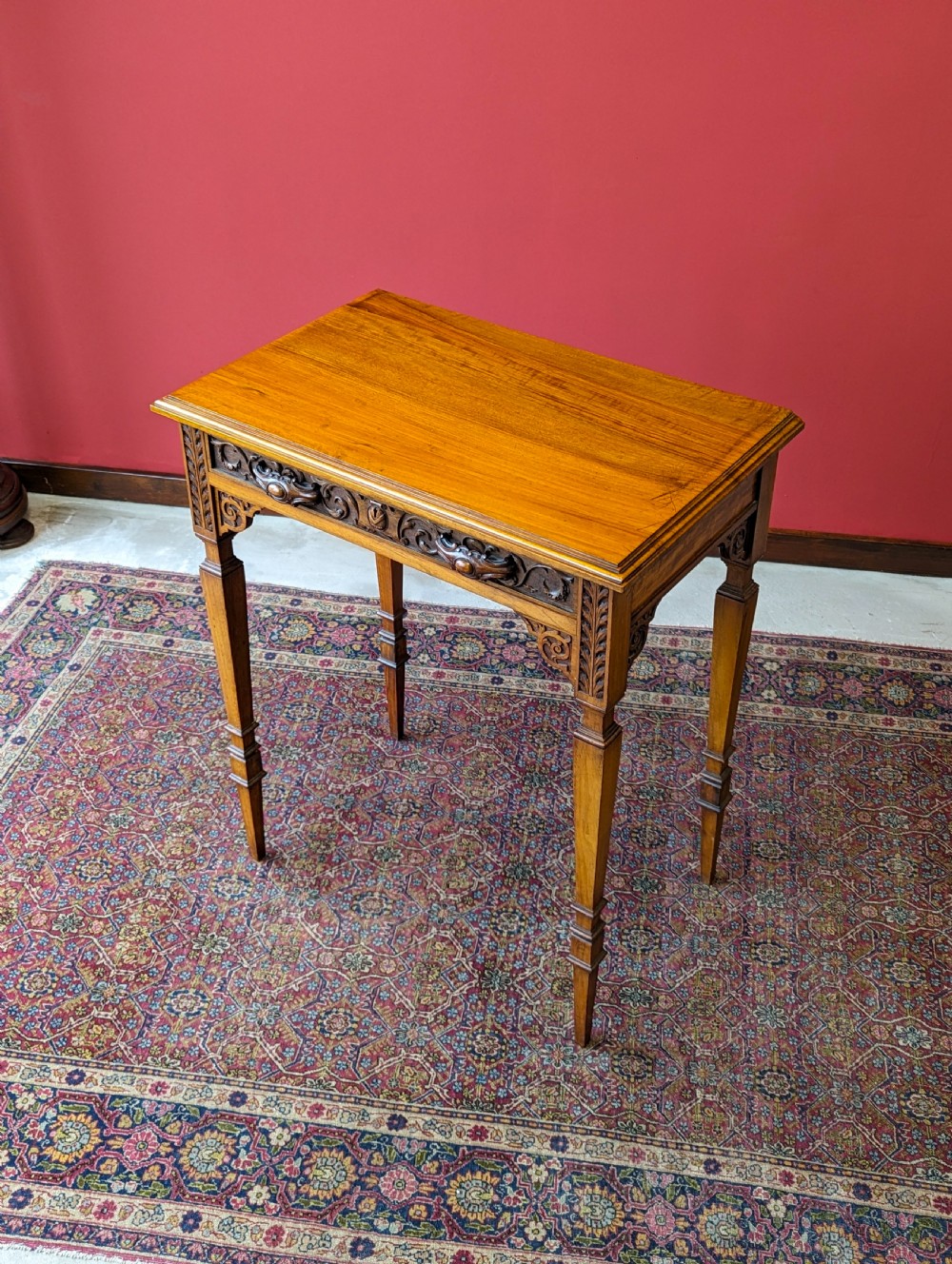 Antique Victorian Carved Walnut Side Table with Drawer View VI