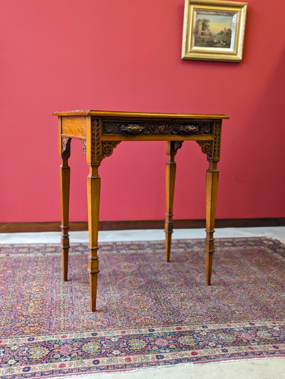 Antique Victorian Carved Walnut Side Table with Drawer View VII