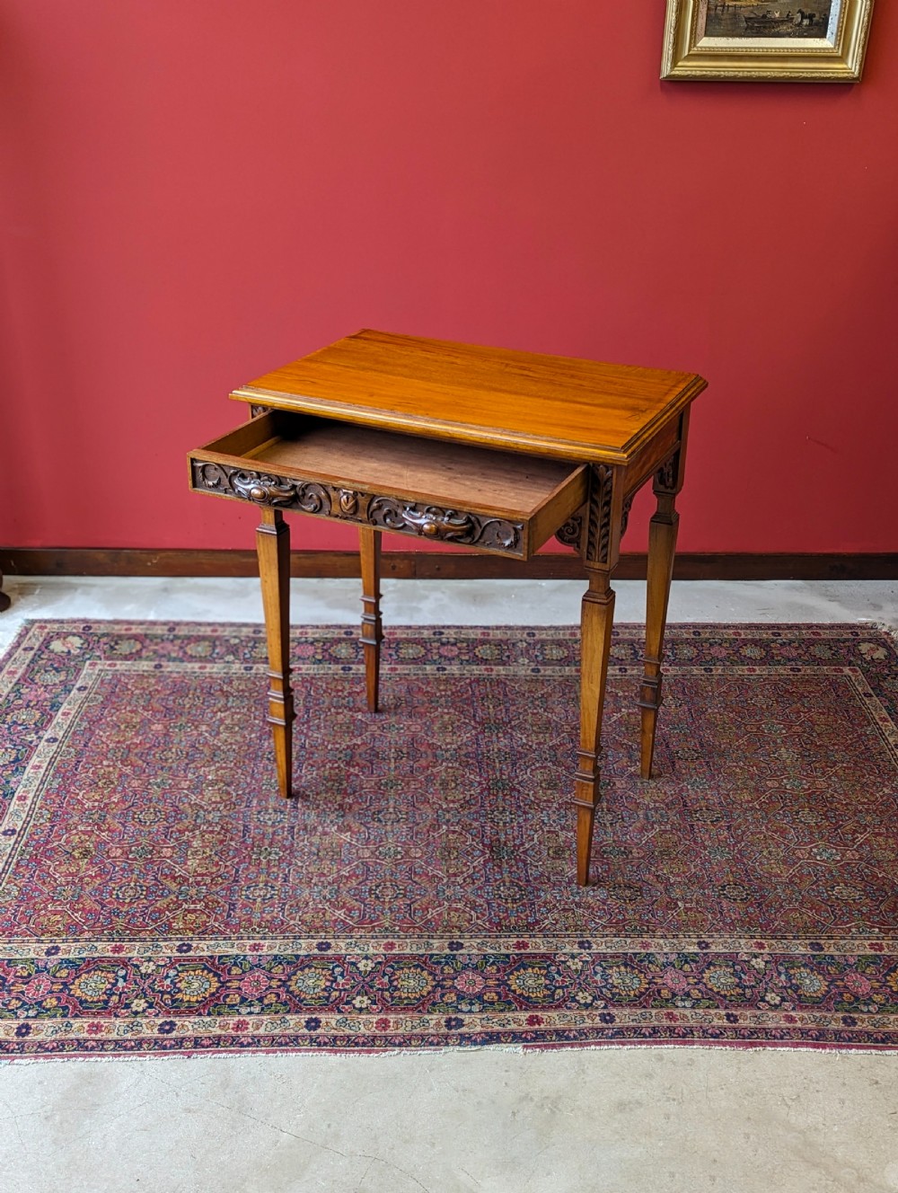 Antique Victorian Carved Walnut Side Table with Drawer View VIII