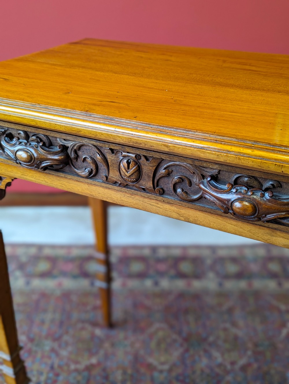 Antique Victorian Carved Walnut Side Table with Drawer View IX