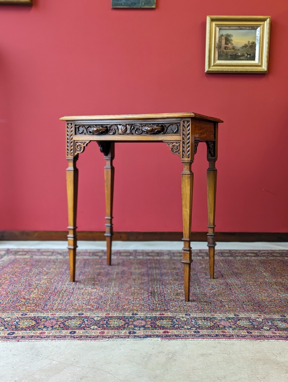 Antique Victorian Carved Walnut Side Table with Drawer View X
