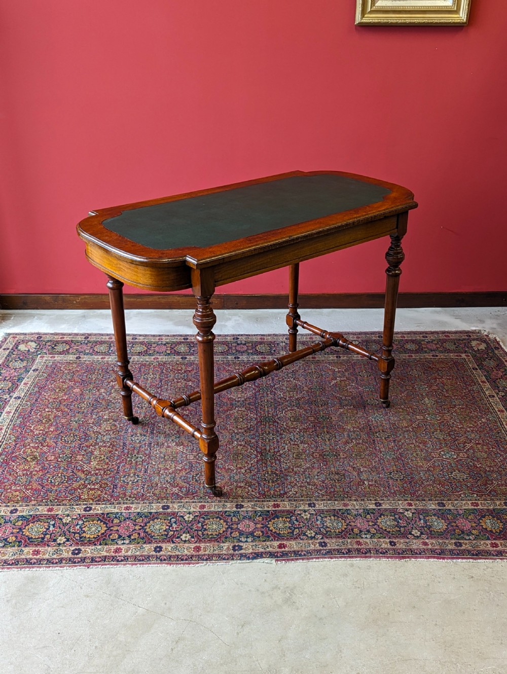Antique Victorian Mahogany Green Leather Topped Library Table Desk View III
