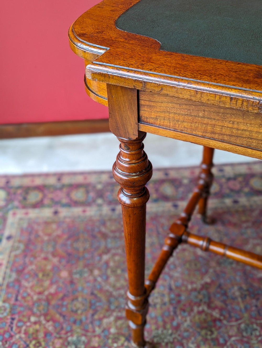 Antique Victorian Mahogany Green Leather Topped Library Table Desk View IV
