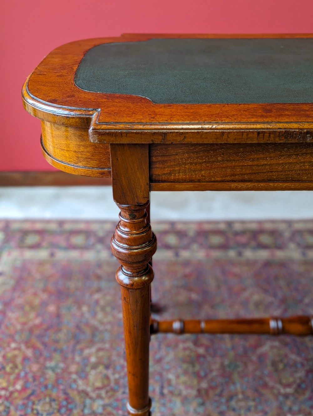 Antique Victorian Mahogany Green Leather Topped Library Table Desk View X