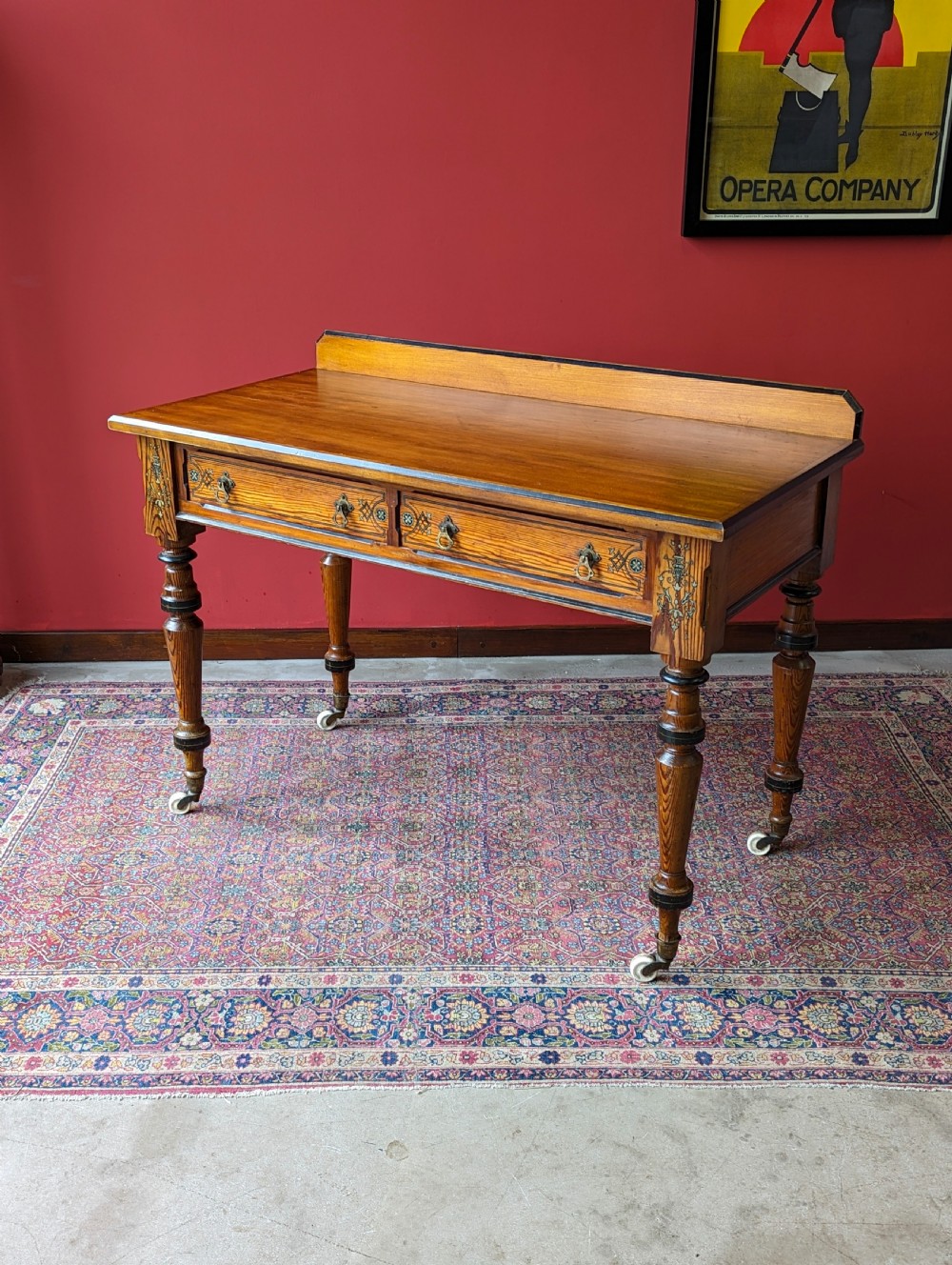 Antique Victorian Pitch Pine Aesthetic Movement Writing Table by Maple & Co