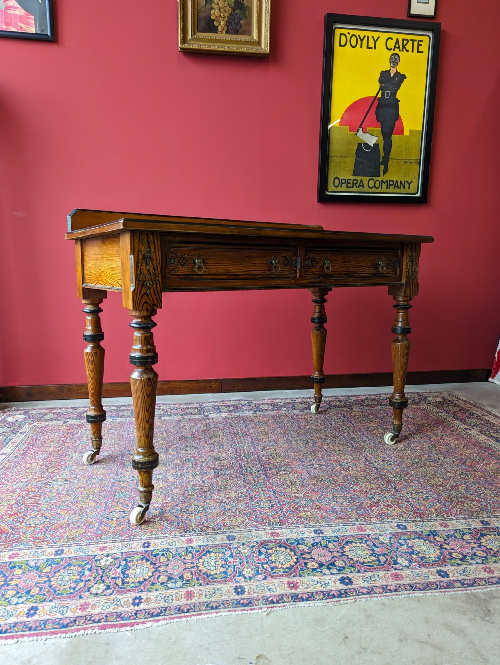 Antique Victorian Pitch Pine Aesthetic Movement Writing Table by Maple & Co View II