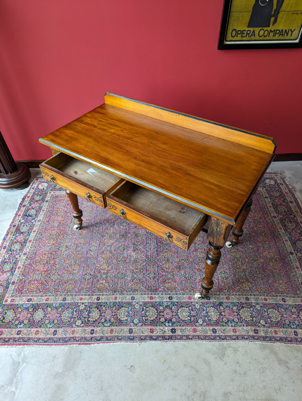 Antique Victorian Pitch Pine Aesthetic Movement Writing Table by Maple & Co View IV