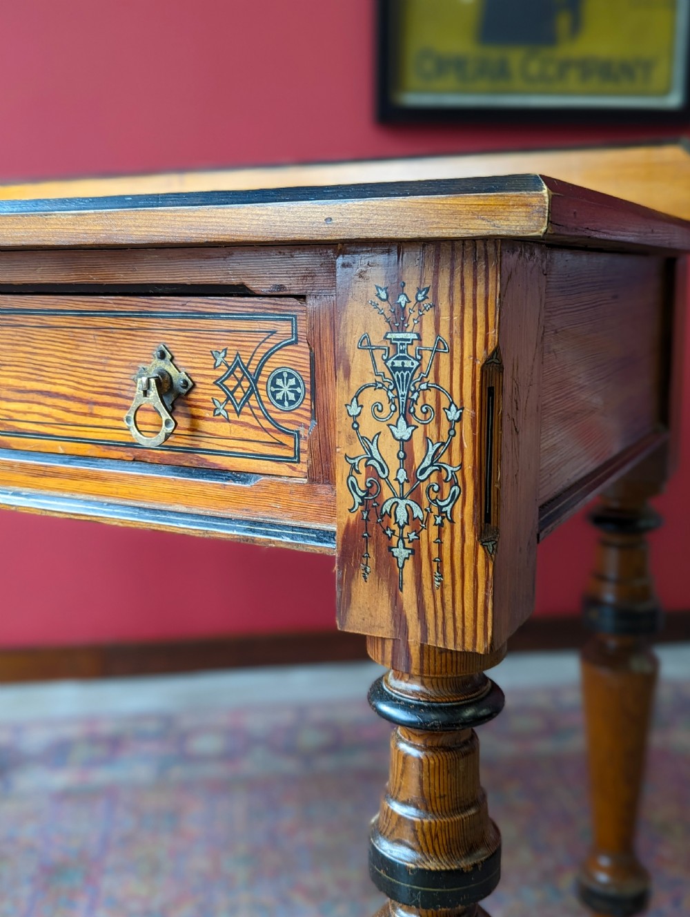 Antique Victorian Pitch Pine Aesthetic Movement Writing Table by Maple & Co View VI
