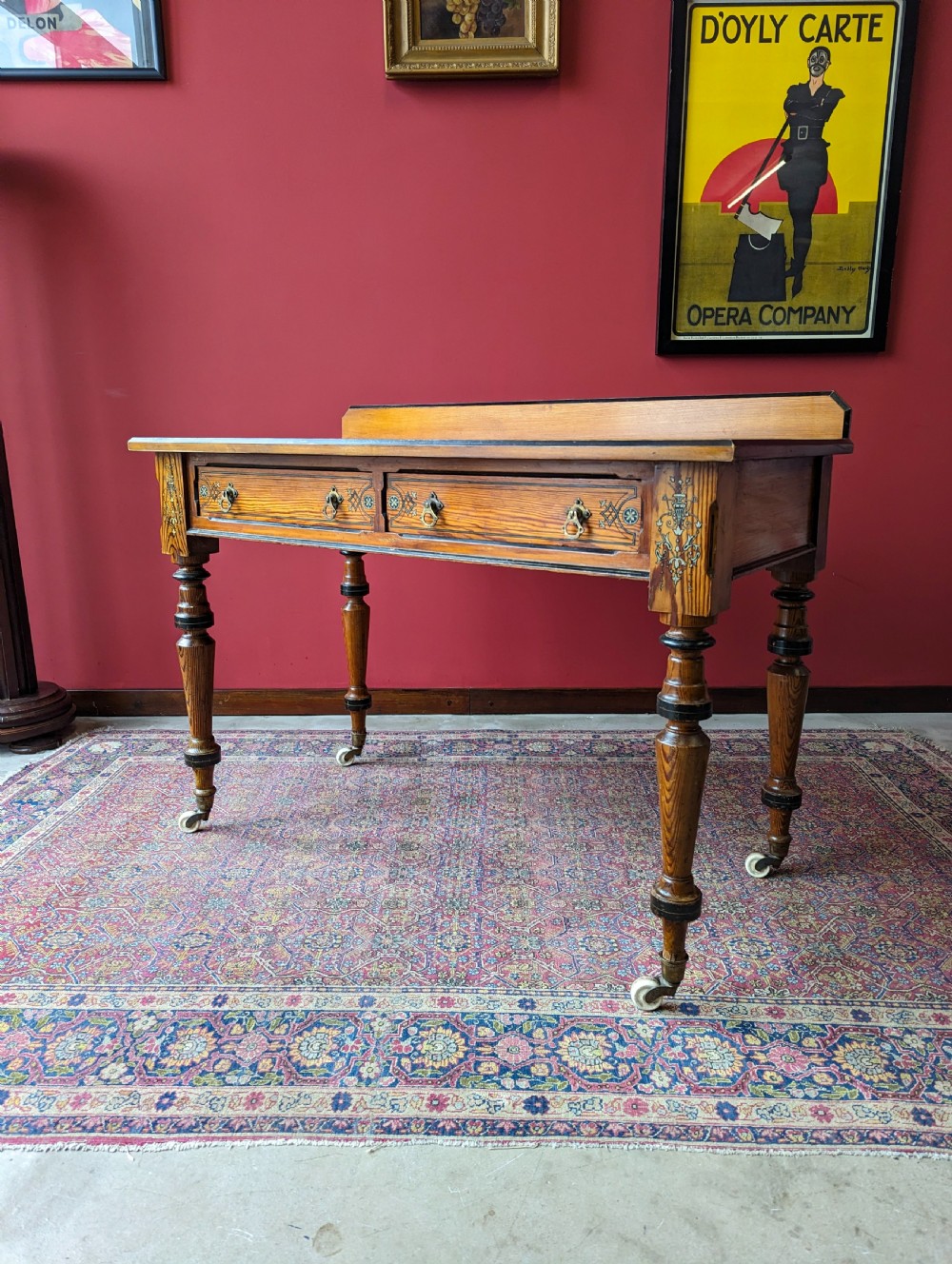 Antique Victorian Pitch Pine Aesthetic Movement Writing Table by Maple & Co View VII