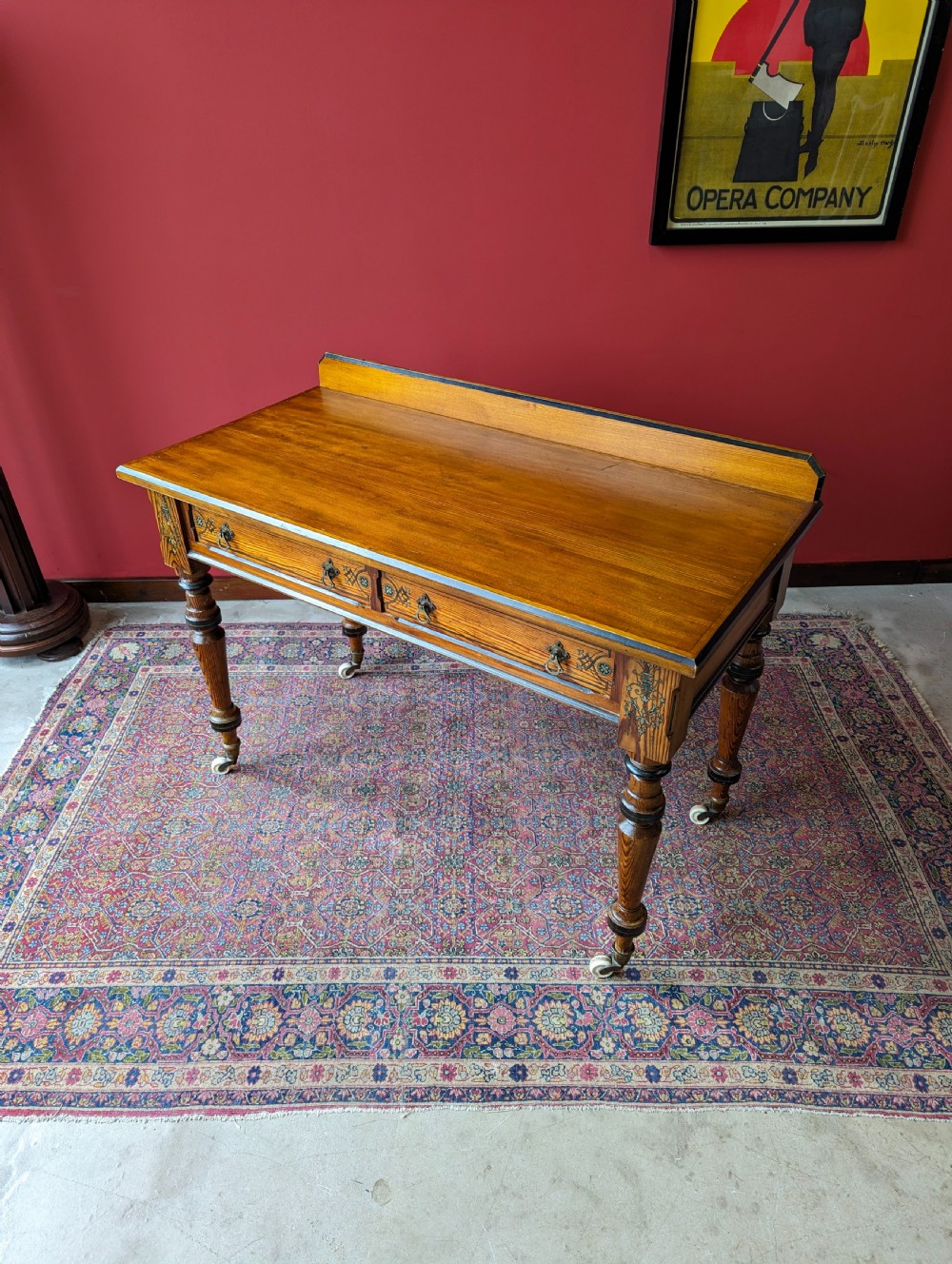 Antique Victorian Pitch Pine Aesthetic Movement Writing Table by Maple & Co View VIII