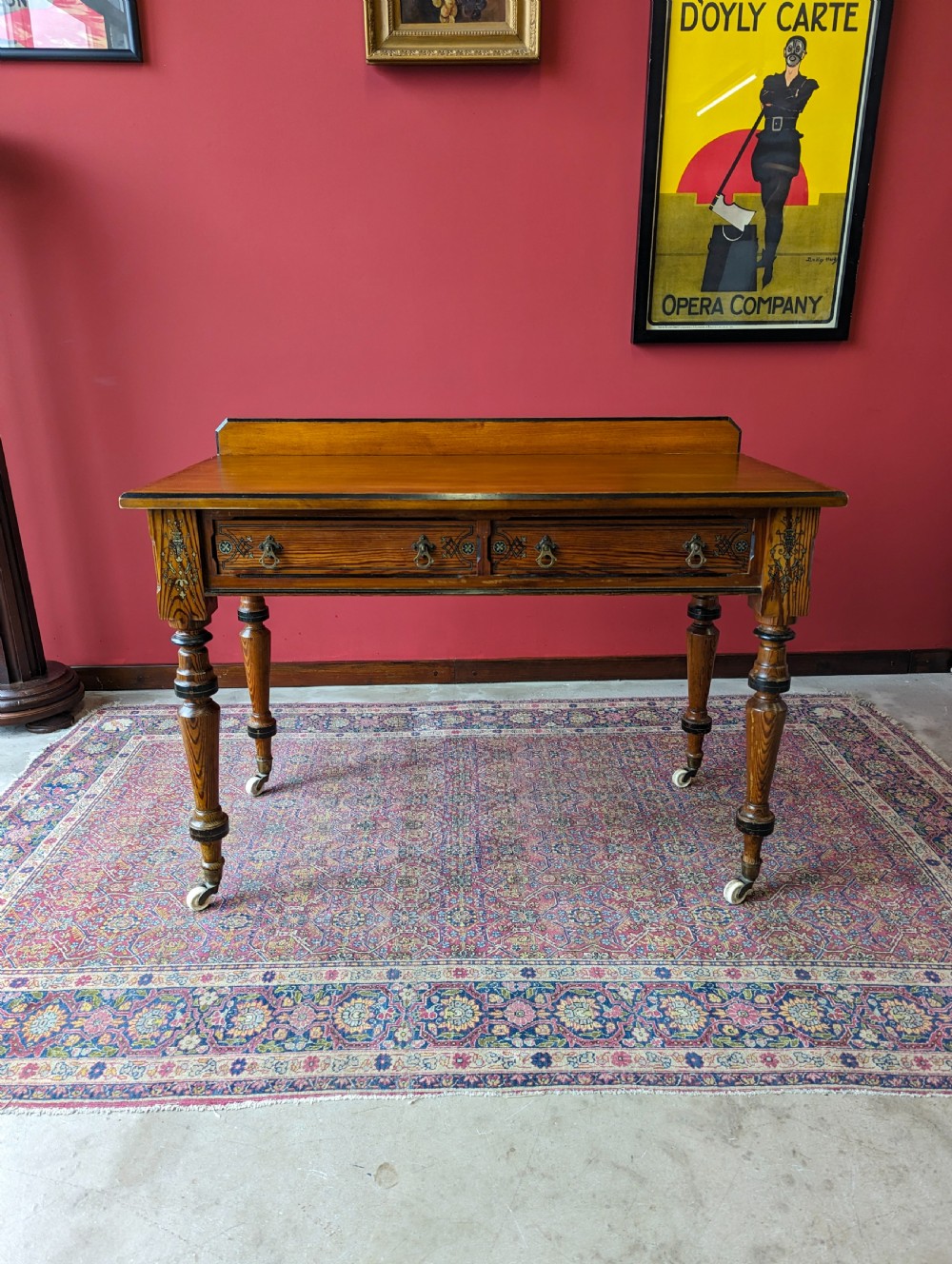 Antique Victorian Pitch Pine Aesthetic Movement Writing Table by Maple & Co View IX