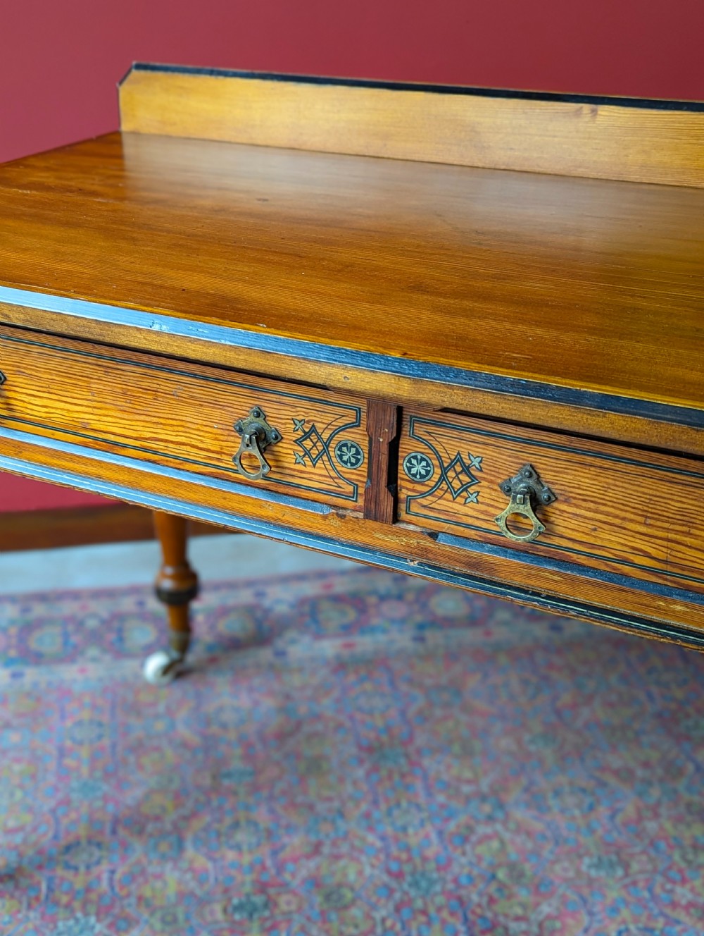 Antique Victorian Pitch Pine Aesthetic Movement Writing Table by Maple & Co View X