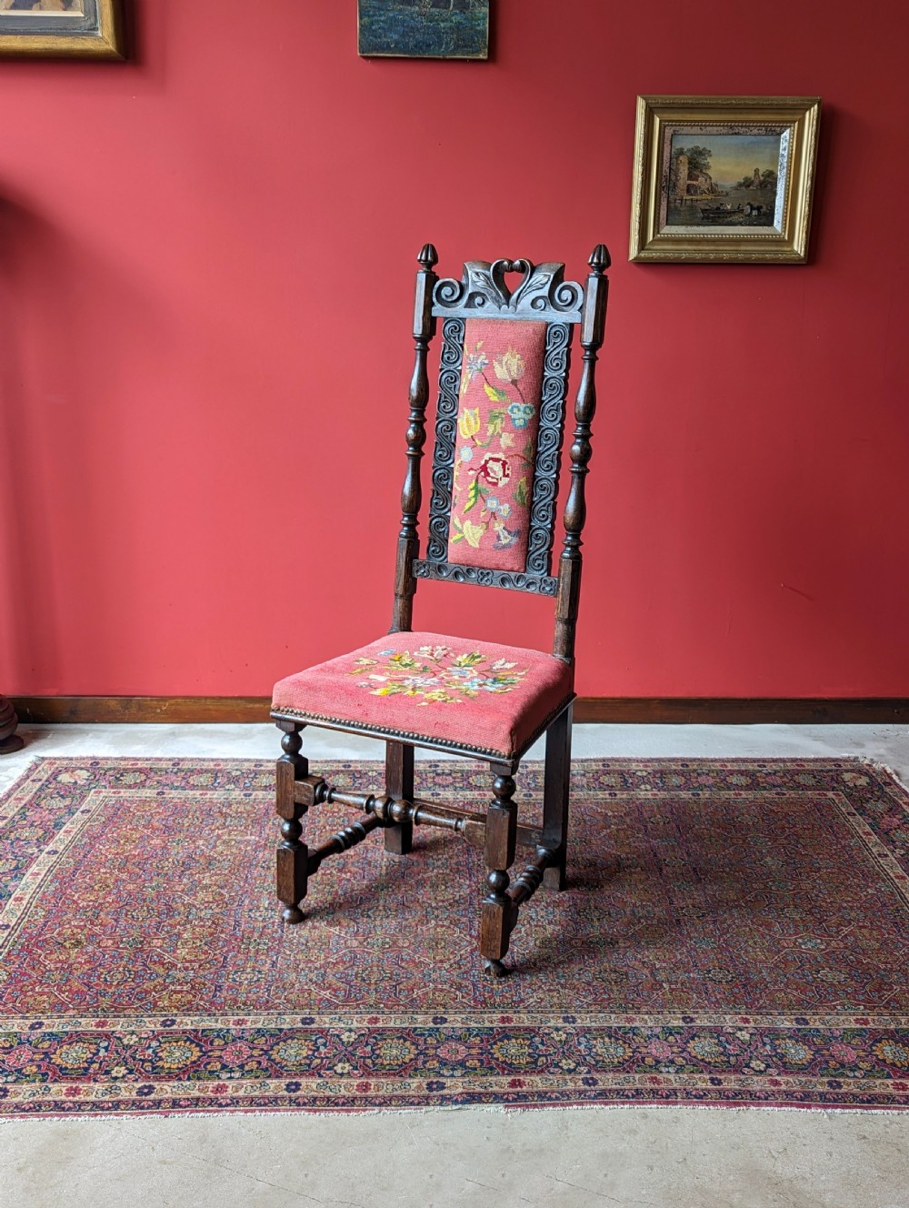Antique Georgian Tapestry Upholstered Oak Side Chair