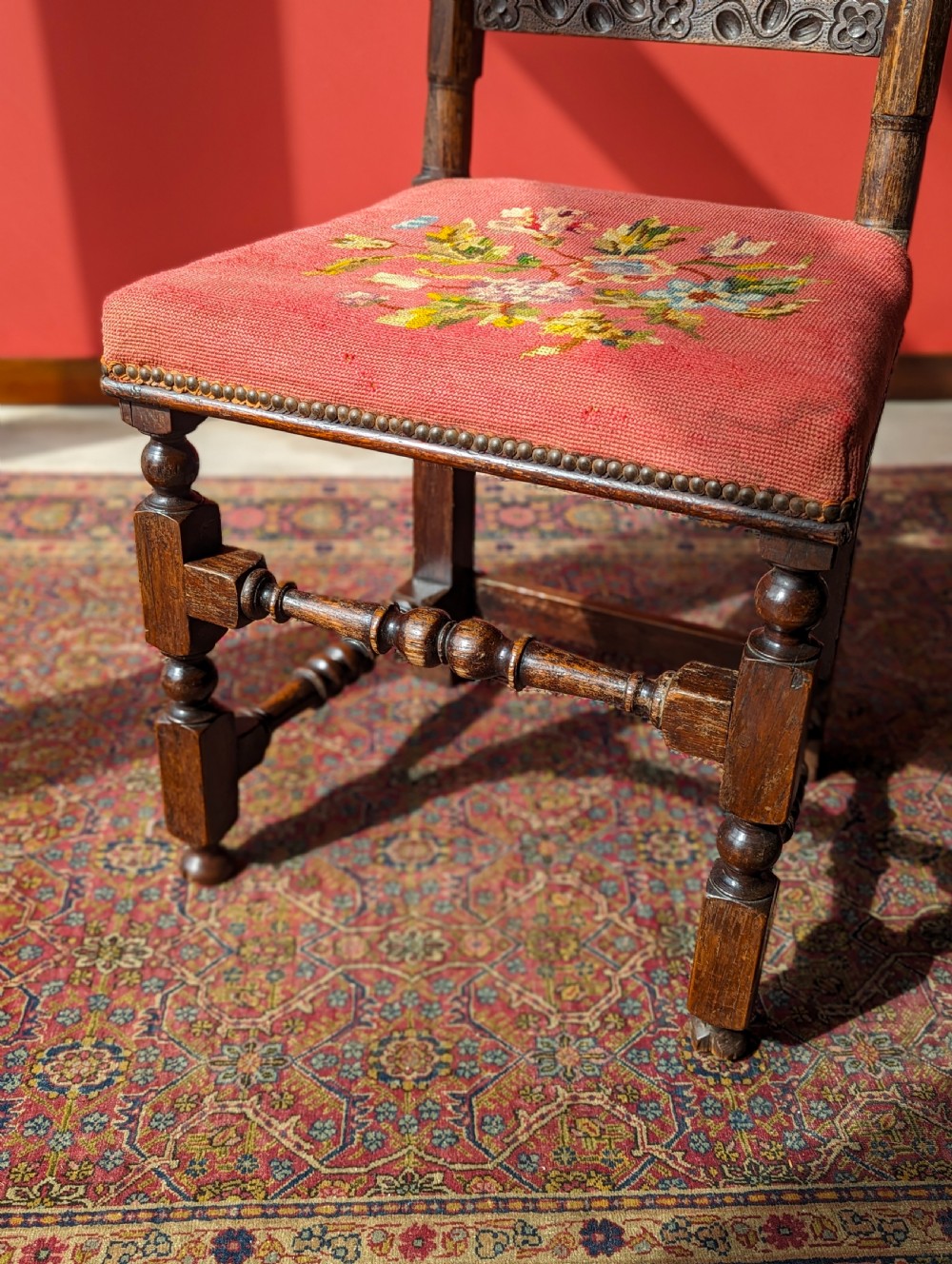Antique Georgian Tapestry Upholstered Oak Side Chair View IV