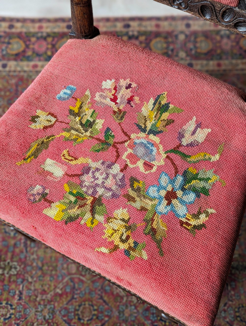 Antique Georgian Tapestry Upholstered Oak Side Chair View VI