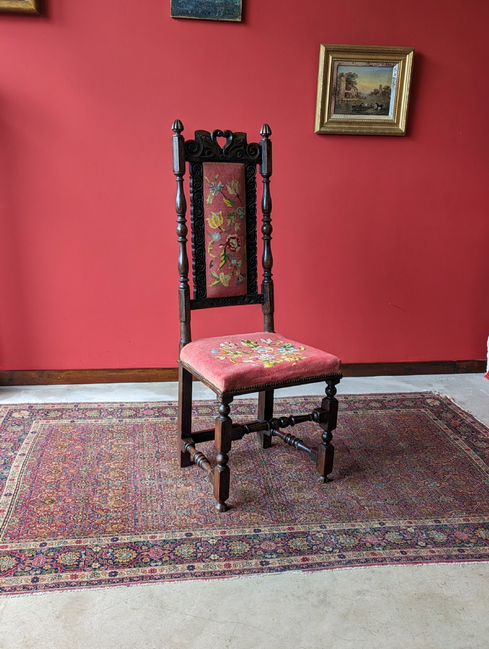 Antique Georgian Tapestry Upholstered Oak Side Chair View VII