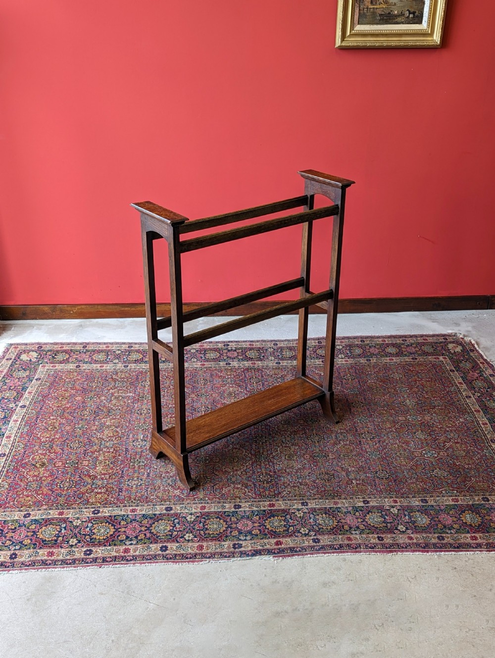 Antique Arts & Crafts Oak Towel Rail Stand View V
