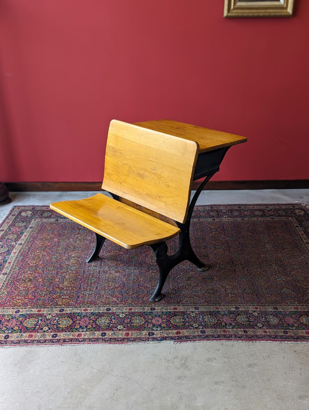 Antique Early 20th Century Cast Iron Folding School Desk with Seat
