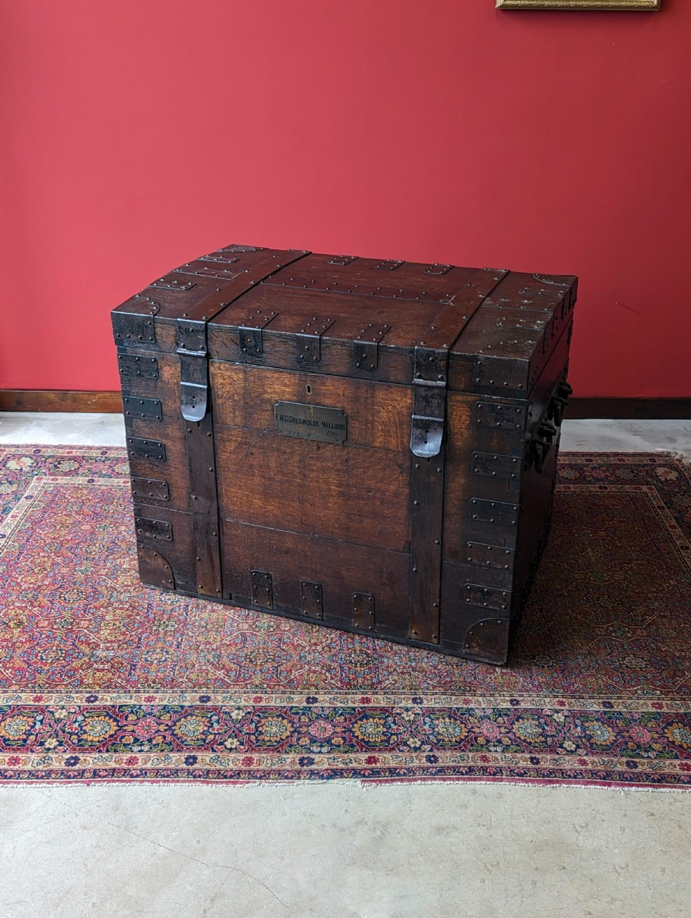 Antique Victorian Iron Bound Oak Silver Chest of ‘Frank’ Greswolde-Williams