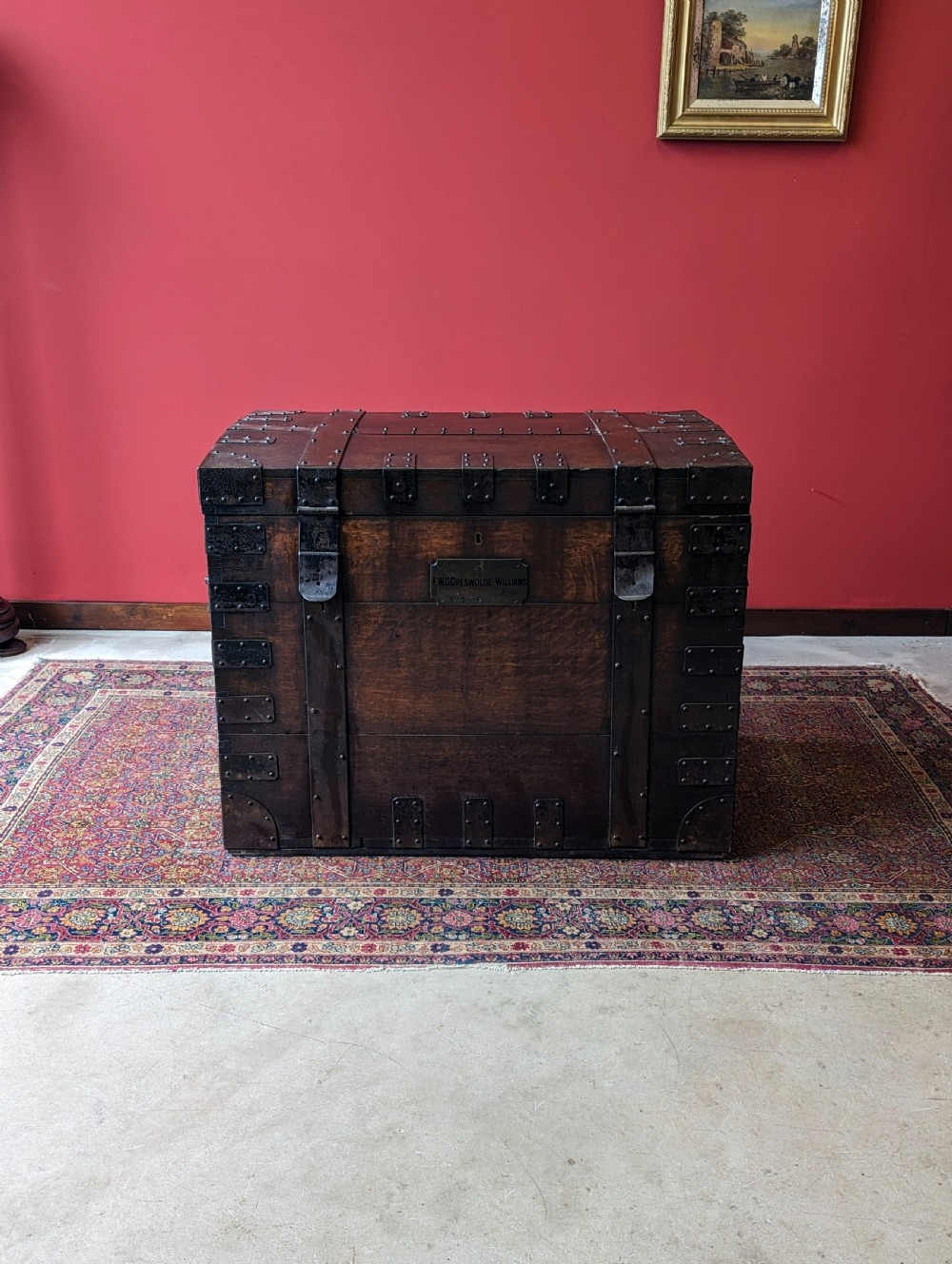 Antique Victorian Iron Bound Oak Silver Chest of ‘Frank’ Greswolde-Williams View II