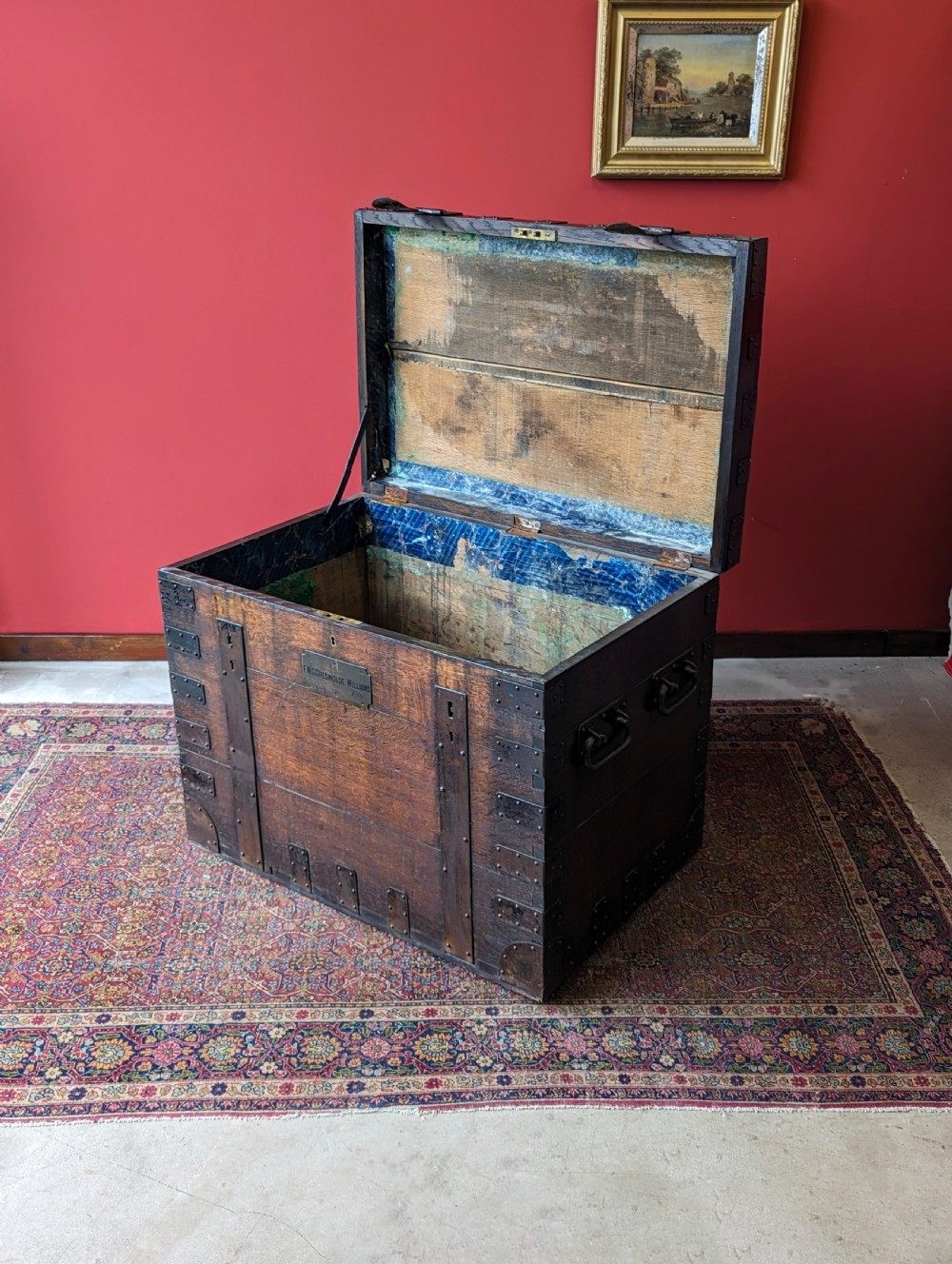 Antique Victorian Iron Bound Oak Silver Chest of ‘Frank’ Greswolde-Williams View III