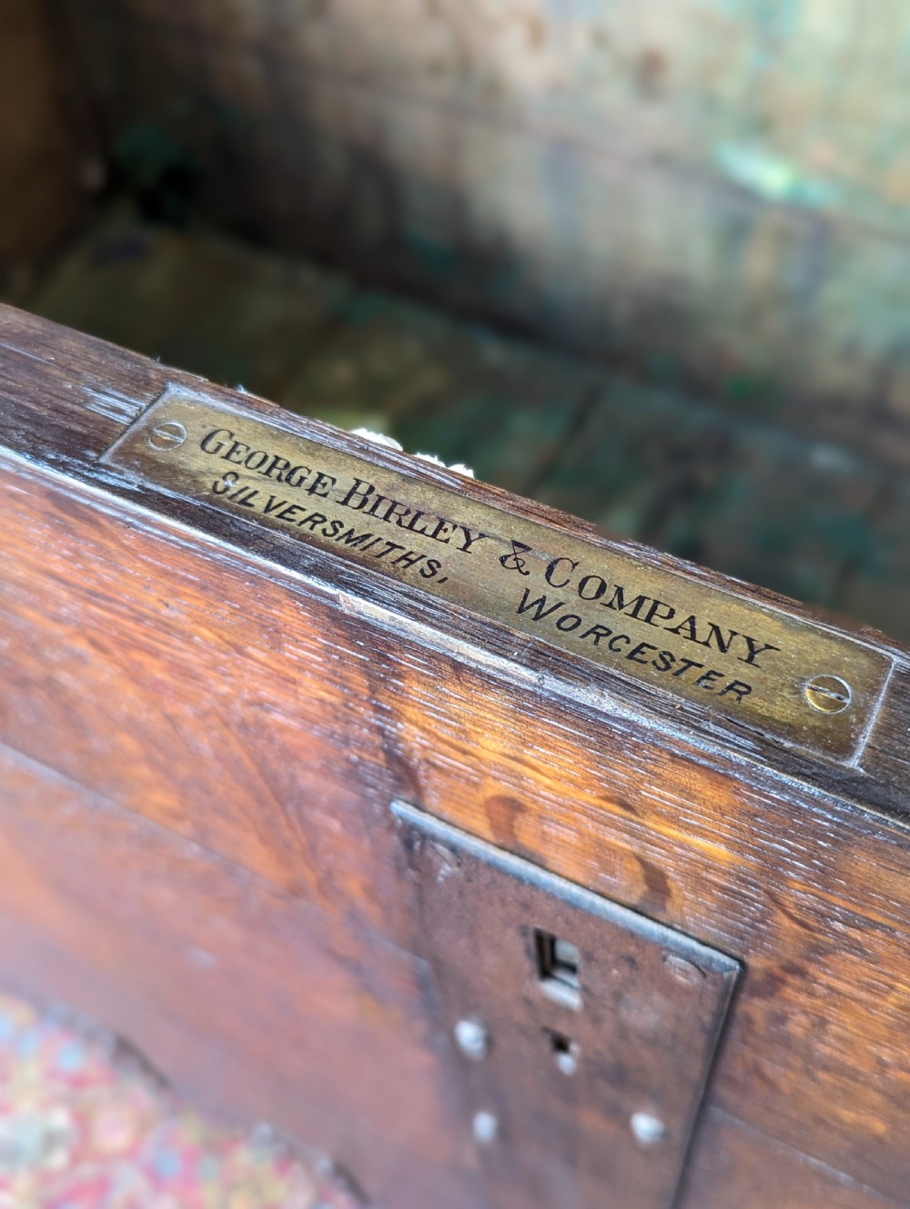 Antique Victorian Iron Bound Oak Silver Chest of ‘Frank’ Greswolde-Williams View V