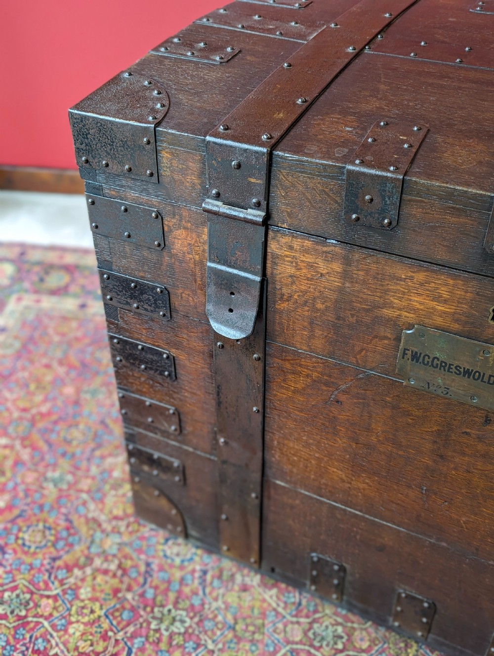 Antique Victorian Iron Bound Oak Silver Chest of ‘Frank’ Greswolde-Williams View VI