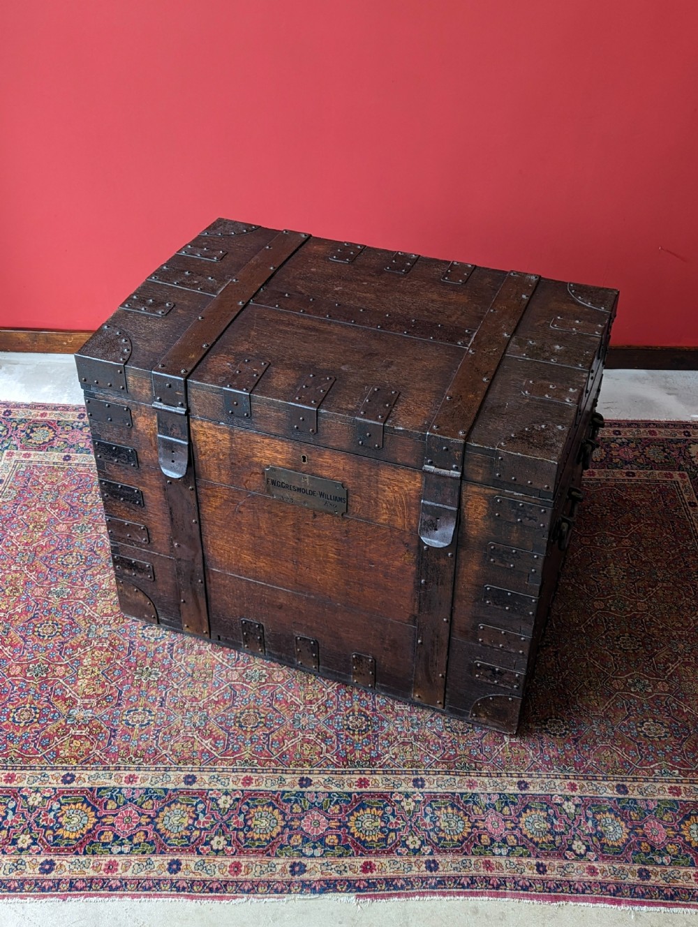 Antique Victorian Iron Bound Oak Silver Chest of ‘Frank’ Greswolde-Williams View X