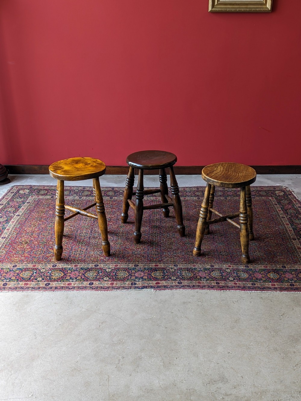 A Harlequin Set of Three Antique Early 20th Century Tavern Stools