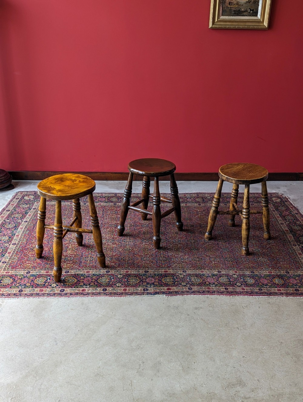 A Harlequin Set of Three Antique Early 20th Century Tavern Stools View VI