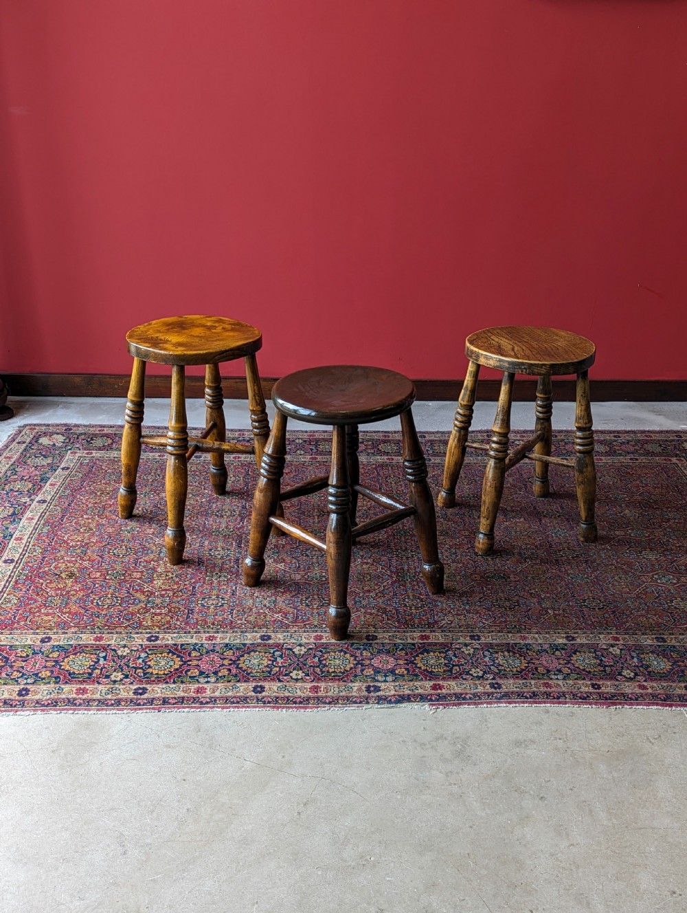 A Harlequin Set of Three Antique Early 20th Century Tavern Stools View VII
