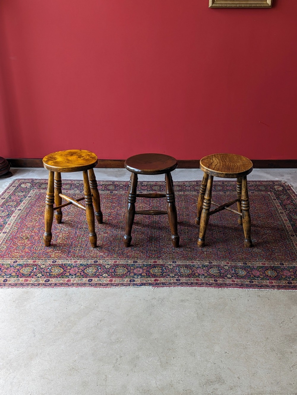A Harlequin Set of Three Antique Early 20th Century Tavern Stools View X