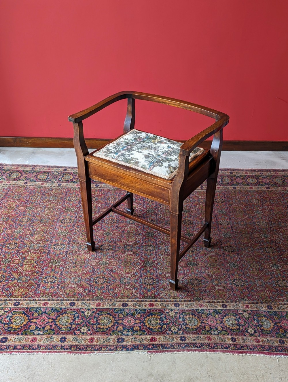 Antique Edwardian Mahogany Tapestry Seat Piano Stool with Storage