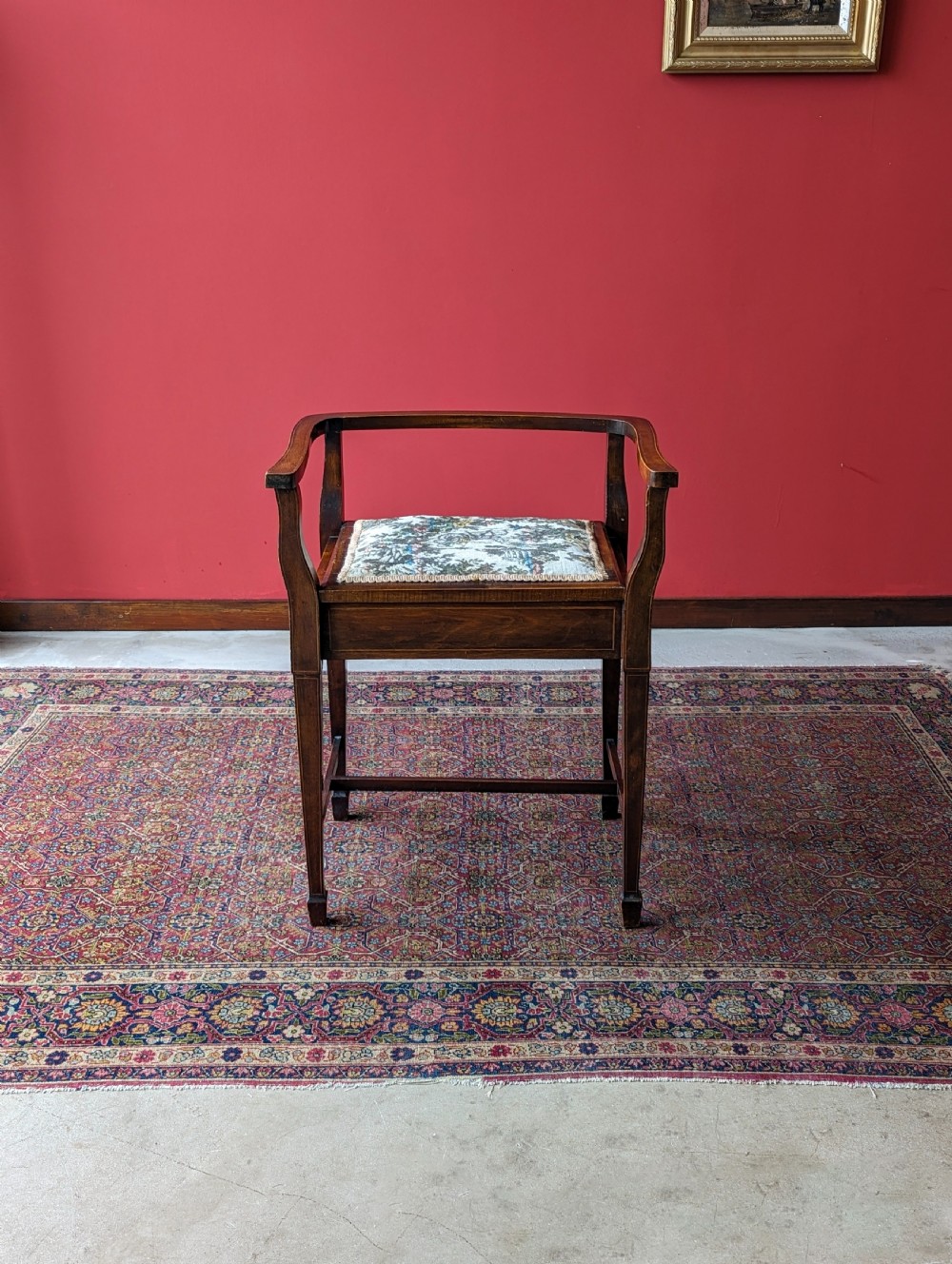 Antique Edwardian Mahogany Tapestry Seat Piano Stool with Storage View II