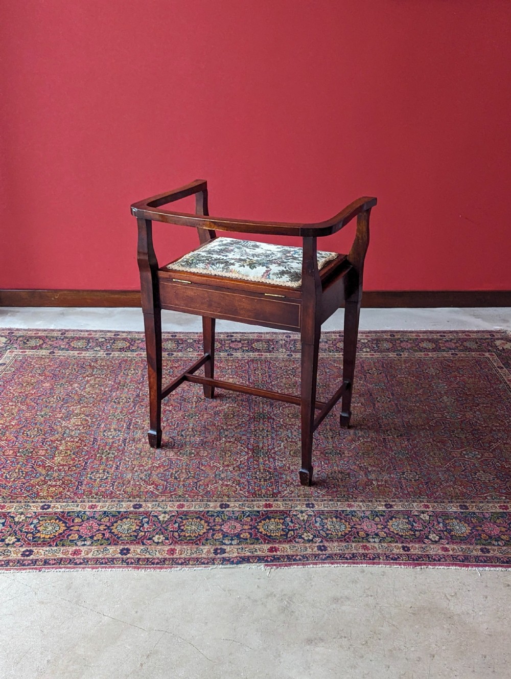 Antique Edwardian Mahogany Tapestry Seat Piano Stool with Storage View III