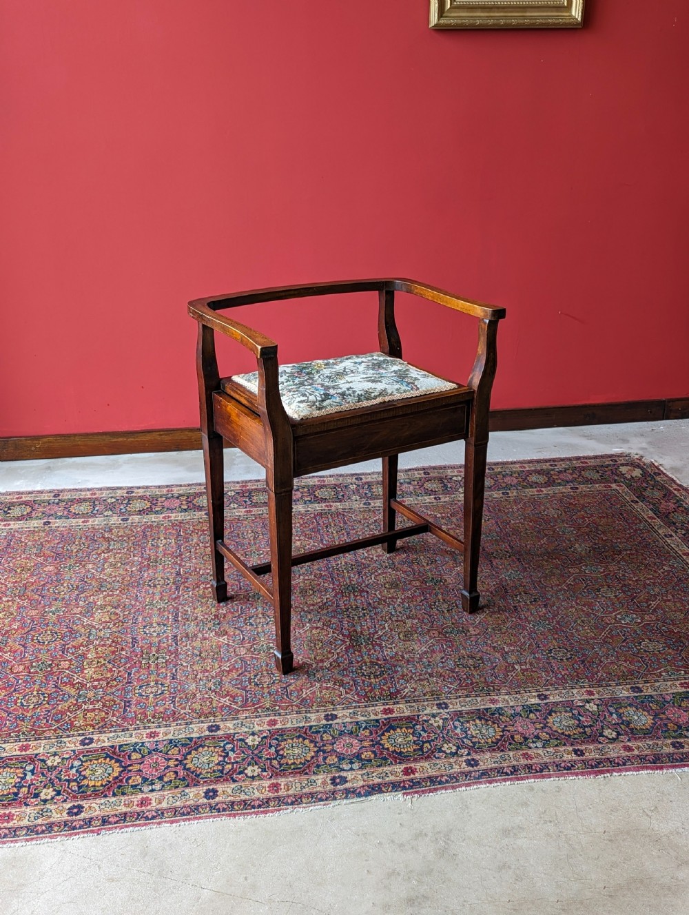 Antique Edwardian Mahogany Tapestry Seat Piano Stool with Storage View IV