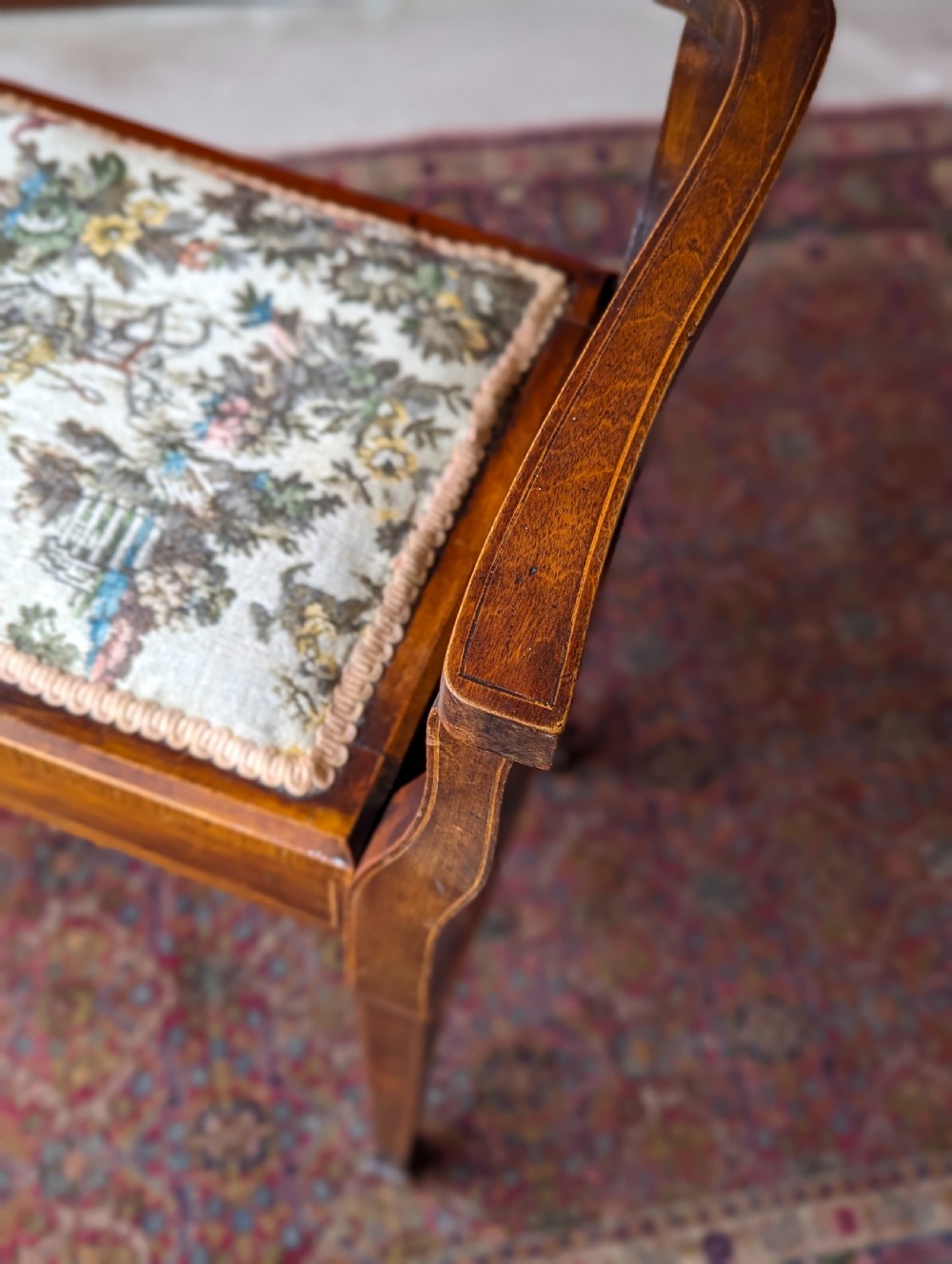 Antique Edwardian Mahogany Tapestry Seat Piano Stool with Storage View VI