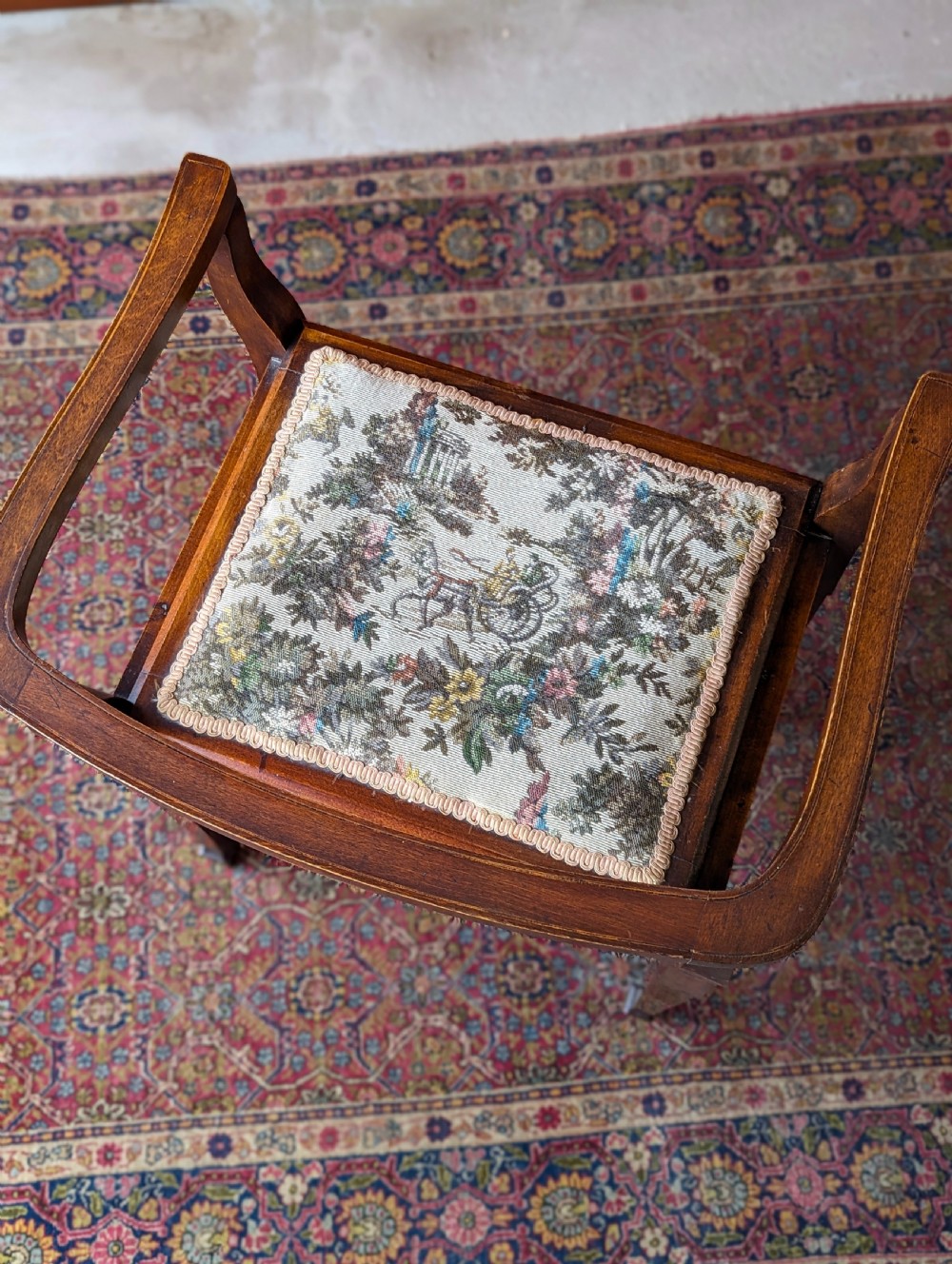 Antique Edwardian Mahogany Tapestry Seat Piano Stool with Storage View VII