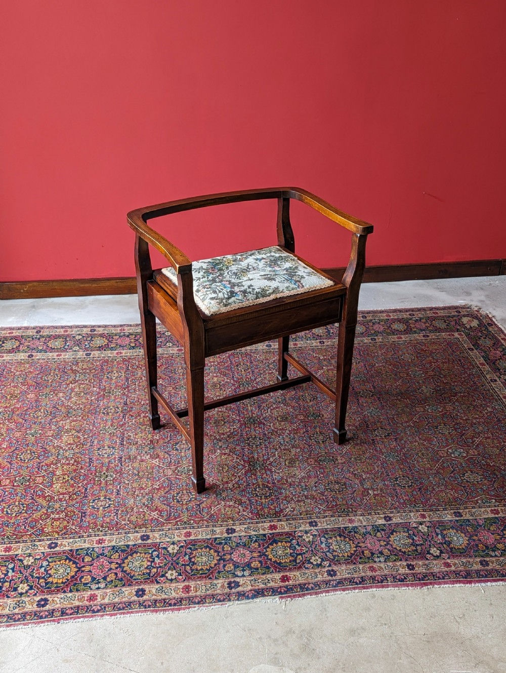 Antique Edwardian Mahogany Tapestry Seat Piano Stool with Storage View VIII