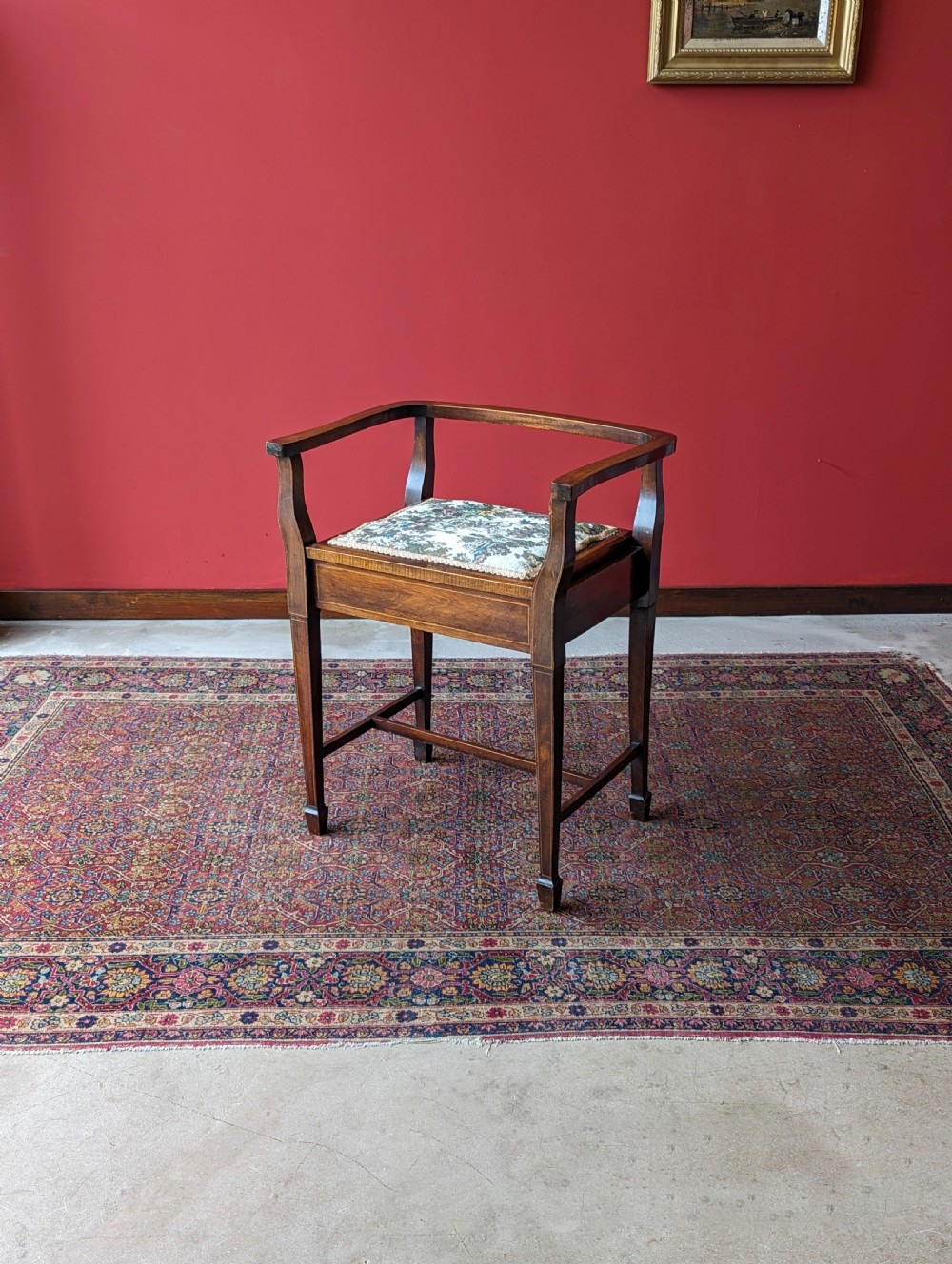 Antique Edwardian Mahogany Tapestry Seat Piano Stool with Storage View IX