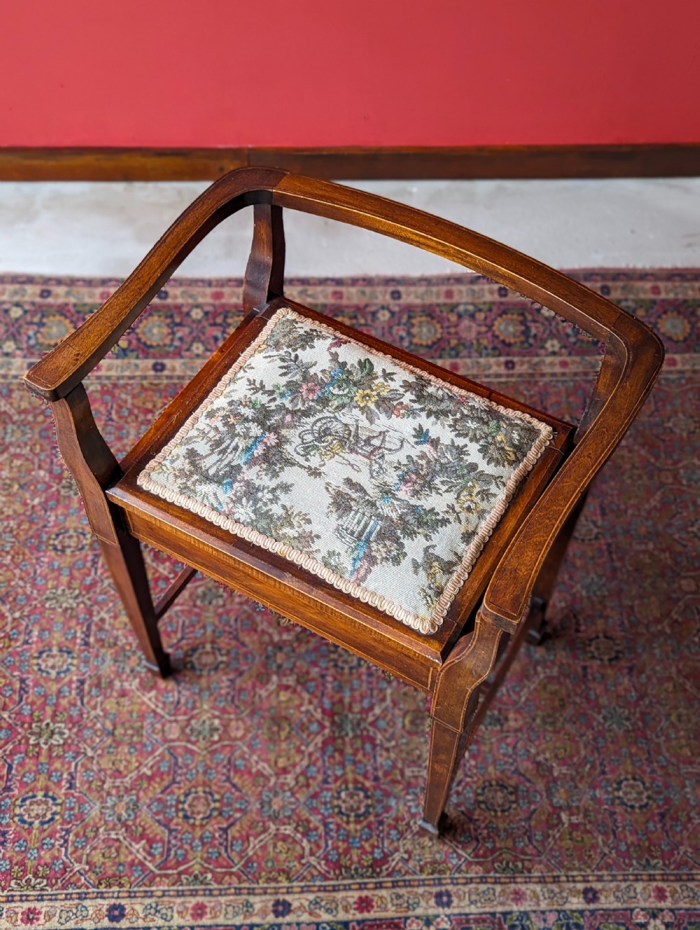 Antique Edwardian Mahogany Tapestry Seat Piano Stool with Storage View X
