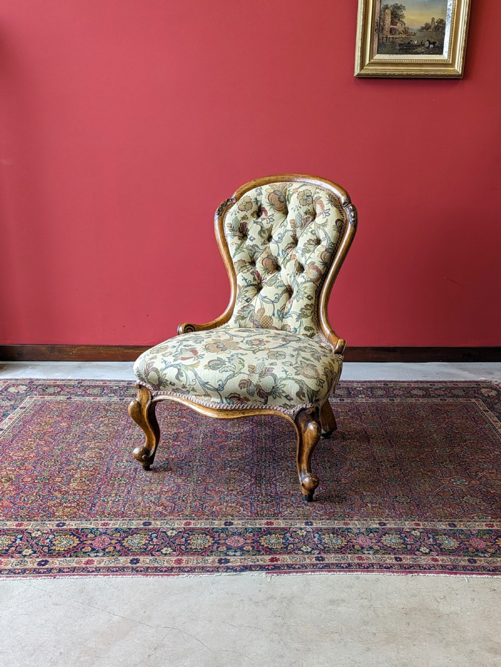 Antique Victorian Walnut Button Back Floral Easy Chair